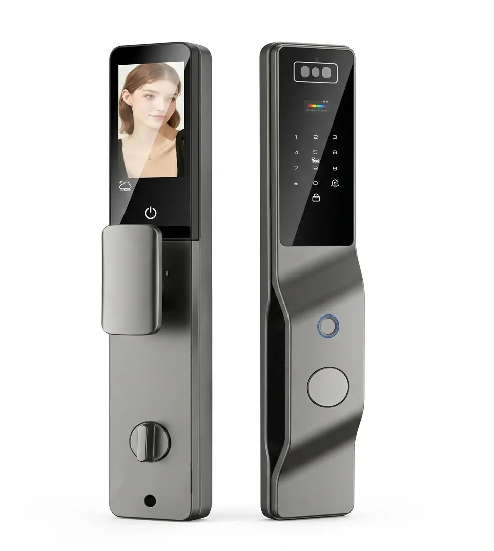 Serrure intelligente F016D gris anthracite avec écran reconnaissance faciale, triple capteur frontal, anneau lecteur empreintes bleu, clavier numérique tactile et grand lecteur empreintes – Smart Lock Design Premium