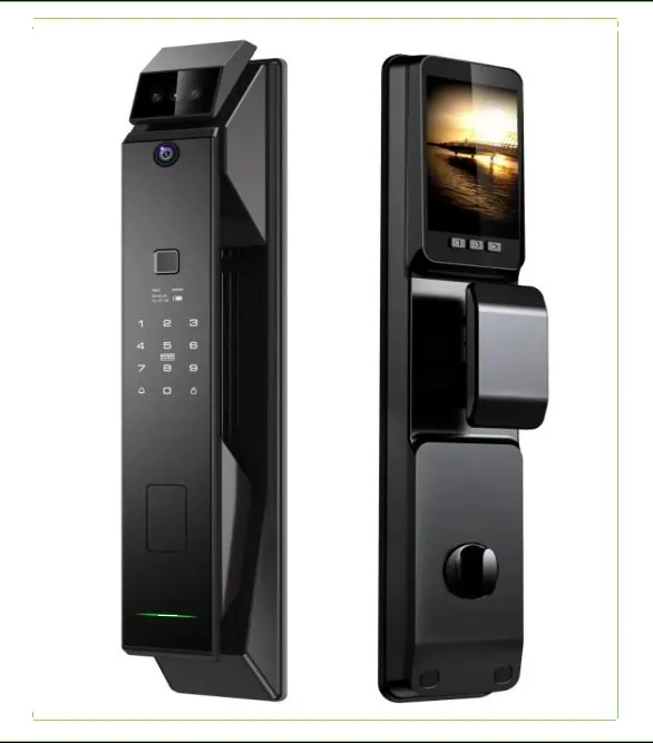 Serrure intelligente F017 noire premium avec double caméra grand angle et infrarouge, écran couleur visiophone intégré, clavier numérique tactile et double lecteur empreintes – Smart Lock Haute Sécurité