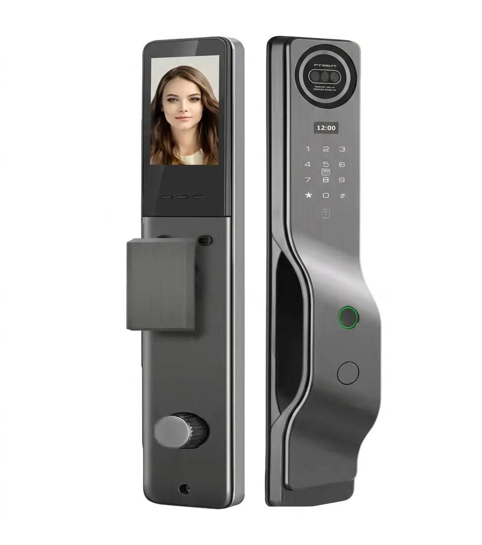Serrure intelligente F025 gris anthracite avec écran reconnaissance faciale, module caméra circulaire double objectif, affichage heure 12:00, anneau LED vert, clavier numérique et double lecteur empreintes – Smart Lock Design Vague Premium