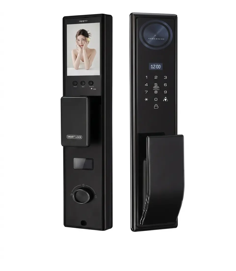 Serrure intelligente noire premium grand écran reconnaissance faciale, module circulaire bleu en tête, affichage heure 12:00, poignée ergonomique courbée, clavier tactile et lecteur empreintes intégré – Smart Lock Design Luxe