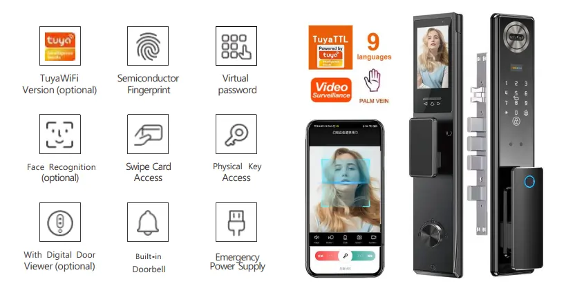 Serrure intelligente Tuya TTL avec reconnaissance palmaire Palm Vein, vidéosurveillance, reconnaissance faciale, visiophone intégré et contrôle smartphone – 9 langues