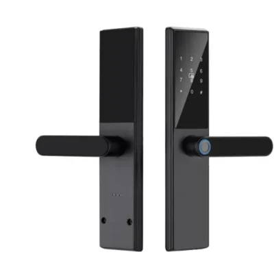Serrure semi-automatique S018 noire épurée avec clavier numérique tactile, anneau lecteur empreintes LED bleu et poignée horizontale arrondie – Smart Lock Design Minimaliste Premium