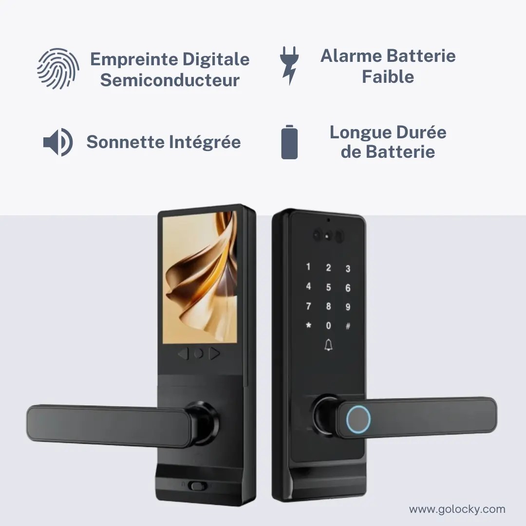 Serrure intelligente GoLocky avec écran couleur tactile, lecteur d'empreinte digitale semiconducteur, pavé numérique et sonnette intégrée, finition noire premium — technogatesolution.com